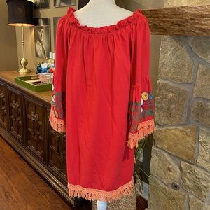 Red off the shoulder Otomi styled embroidered Mexican fiesta dress - X Large